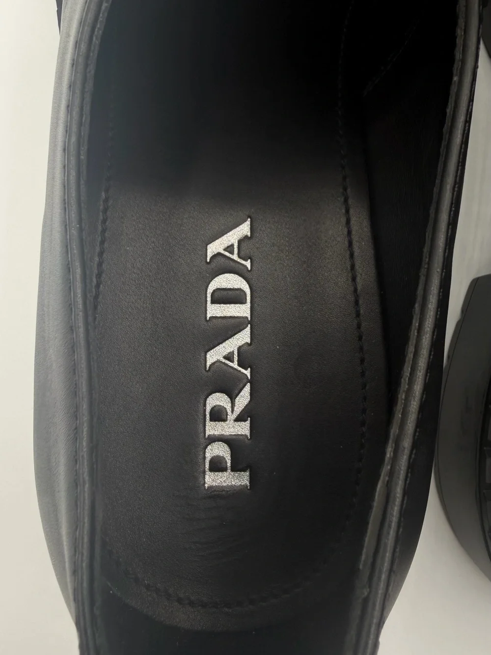 NIB Prada Triangle Logo Black Leather Double Chocolate Rubber Lug Sole Loafers